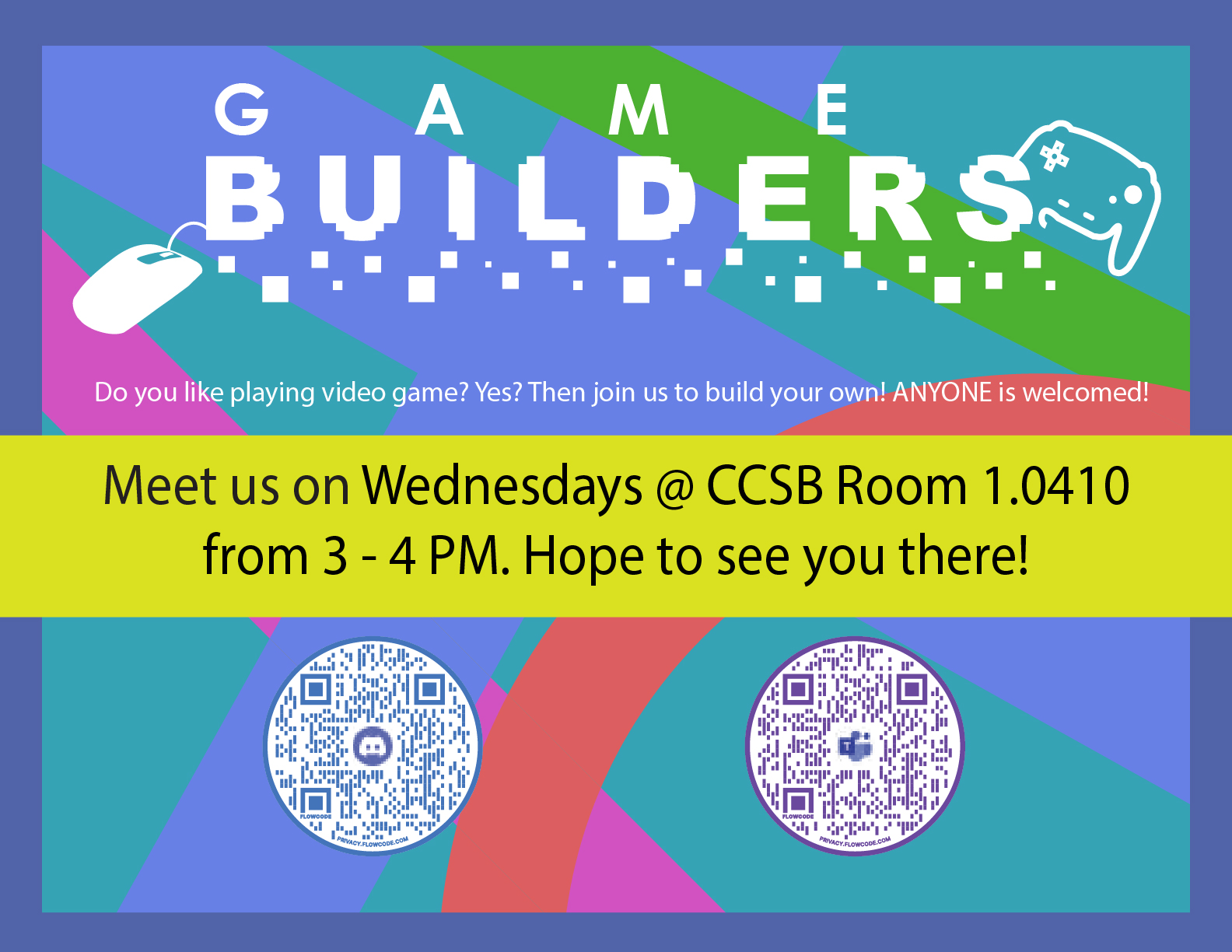 Micro flyer used for general meetings as well as QR codes to Discord and Microsoft Teams.